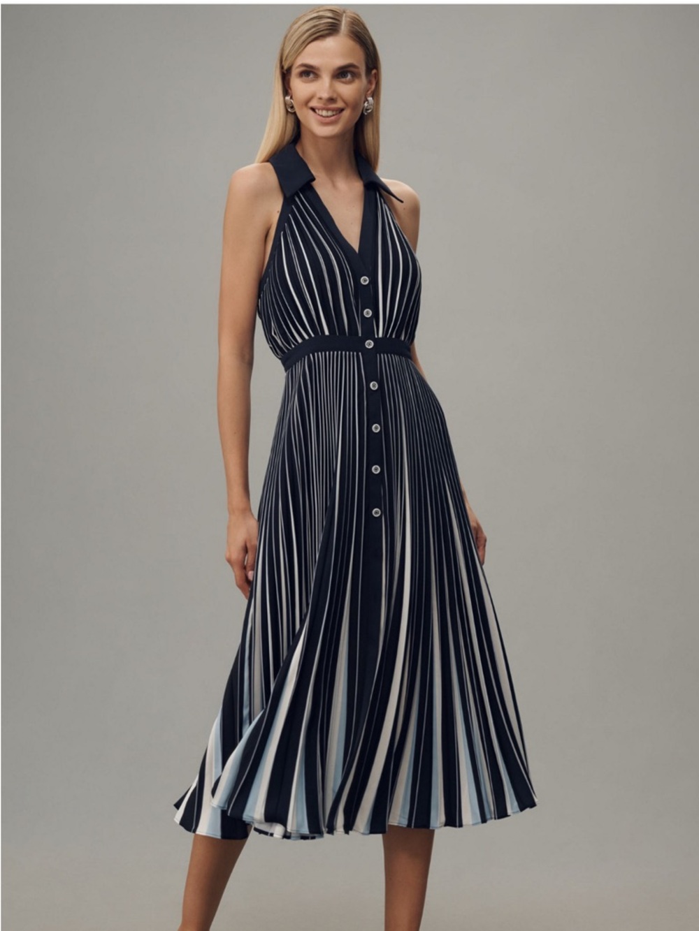 Anthropologie Navy and White Striped Halter Midi Dress